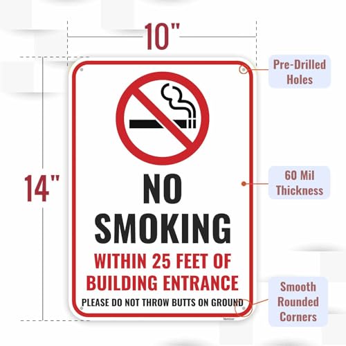 1PC No Smoking Within 25 Feet Sign, 14 x 10 Inches - Aluminum - No Smoking Signs For Business Property Outdoor - color: 14" x 10"