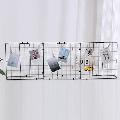 Photo Display Rack, Note Display Rack, Double-sided Photo Metal Rack, Suitable for Use As a Home Desk Photo Organizer, With 30 Wooden Clips, Black - color: Three Grids-Black