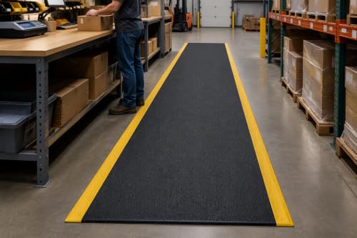 Guardian 24031001BY Soft Step Anti-Fatigue Floor Mat, Vinyl, 3'x 10', Black with Yellow Stripe - color: Black and Yellow, size: 120"L x 36"W x 0.4"Th