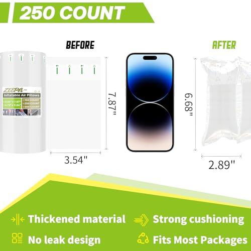 250 Count Packing Air Pillows for Shipping with Pump, Size 3.54" x 7.87" - color: 3.54" x 7.87", size: 250 Count