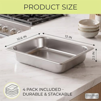4 Pack Half Size Hotel Pan, 1/2 Size 2.5 Inch Deep Stainless Steel Steam Table Pan, Stackable Steam Pan, Half Pans for Chafing Dishes, Breading Trays for Home, Party, Hotel, Buffet