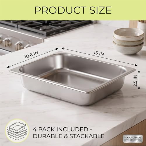 4 Pack Half Size Hotel Pan, 1/2 Size 2.5 Inch Deep Stainless Steel Steam Table Pan, Stackable Steam Pan, Half Pans for Chafing Dishes, Breading Trays for Home, Party, Hotel, Buffet