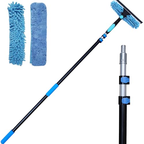 20 Ft+ Reach 2 In 1 Window Squeegee Duster with 5-to-12 Foot Extension Pole, Cleaner Tool with 3-Stage Telescoping Pole, Cleaning Kit with Rotatable Head - Chenille Cloth + Microfibre Cloths Head