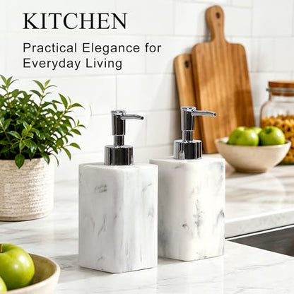 YMXYJM 2 pcs Hand Soap Dispenser Set, 11oz Refillable Resin Liquid Soap Dispensers with Rustproof Pump, Lotion Dispenser Includes Silicone Funnel for Bathroom Countertop or Kitchen, Marble-Effect - color: Marble White