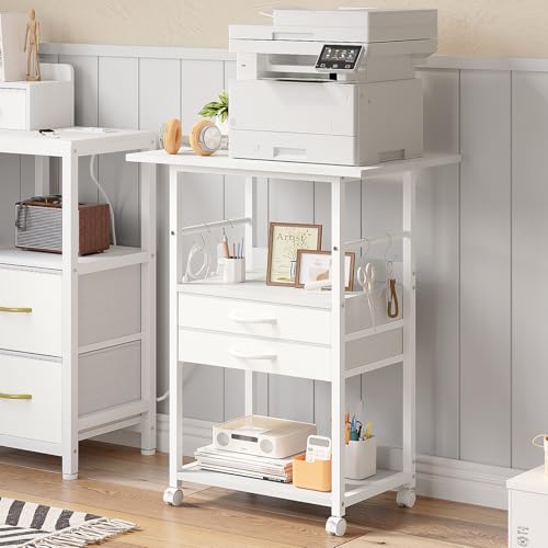 VENNQD Large Printer Stand with Storage Fabric Drawer Under Desk Printer Table with Wheels for Home Office, Printer Cart fit Fax Machine Scanner (White, 3 Tiers) - color: White, size: 3 Tiers