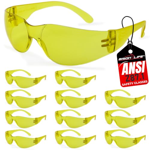 BISON LIFE Yellow Safety Glasses for Men & Women, ANSI Z87.1, 12 Pack - color: Yellow/Yellow