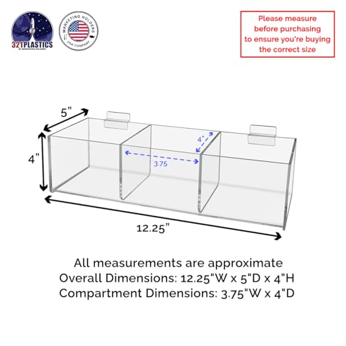Marketing Holders 2 Pack Slatwall Acrylic Retail Tray 3 Compartment 12 Inch Wide x 5 Inch Deep Retail Merchandise Dump Bin See Through Storage Caddy for Businesses and Tradeshows - size: 12.25" Wide 3 Pocket