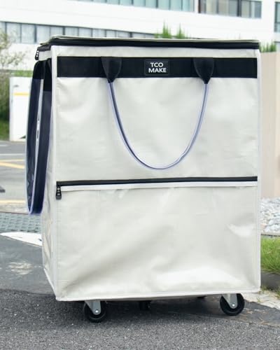 Large Beige Reusable Grocery Bag on Wheels, Folding Rolling Tote - color: Beige, size: Large