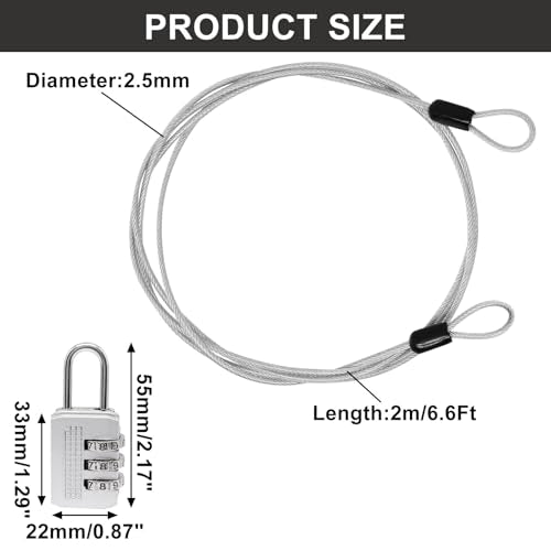 Cable Lock Double Loops 6.6Ft Long Silver Security Cables with Lock, Bike Locks Cables 2.5mm Braided Steel Coated Safety Cable Wire for Luggage,Outdoor, Clothesline (2 Pack) - color: Silver, size: 6.6Ft (2 Pack)
