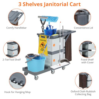 3 Shelf Commercial Janitorial Cart,2 Lockable Cabinets, Oxford Bag & Dust Cover,Wheel Rolling Housekeeping Cart for School, Hotel, Apartment & More