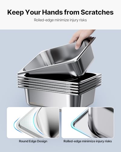 VEVOR 6 Pack Stainless Steam Hotel Pans, 1/2 Size Table Steam Pan, 4 Inch Deep Anti Jam Restaurant Supplies Reusable Rustproof Catering Storage for Home, Party, Restaurant, Hotel, Buffet - size: 1/2 Size, style: 4 Inch Deep