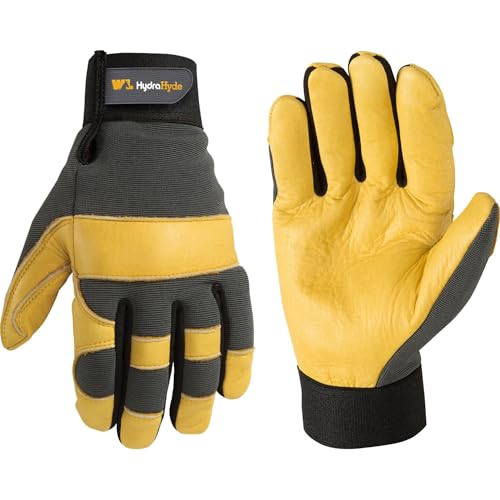 Wells Lamont Men's Leather Palm Work Gloves – HydraHyde Water-Resistant Leather, Flexible Spandex Back, Adjustable Closure - color: Gray, size: Medium