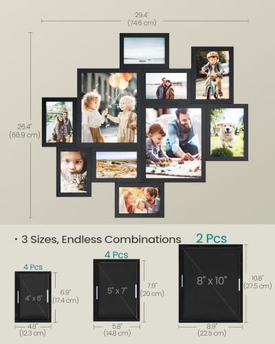 SONGMICS 10 Tool-Free Assembly Collage Photo Frames for Wall - color: Ink Black, size: 8*10 2 pack+ 5*7 4 pack + 4*6 4 pack