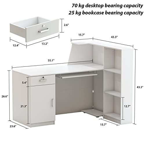 AIEGLE Reception Desk with Hutch, Reception Counter Desk with Lockable Drawers & Shelves, for Salon Recetion Room Retail Counter Checkout Office, White (55.1" W x 43.3" D x 43.3" H) - color: White