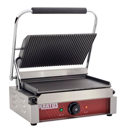 Kratos Commercial Panini Sandwich Grill Grooved Top w/Smooth Bottom Plate - size: Medium w/ Smooth & Grooved Plates