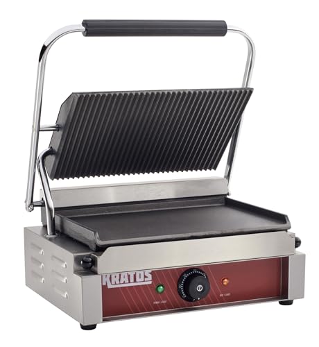 Kratos Commercial Panini Sandwich Grill Grooved Top w/Smooth Bottom Plate - size: Medium w/ Smooth & Grooved Plates