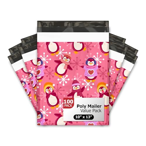 10x13 (100) Pink Penguins Winter Designer Poly Mailers Waterproof Self Sealing Tear Resistant Polymailers Shipping Envelopes Premium Printed Bags For Small Businesses - color: Pink Penguins, size: 10x13