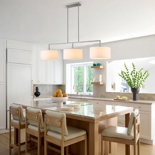 47" Linear Kitchen Island Lighting 3-Light Brushed Nickel Chandelier with White Fabric Drum Shade Adjustable Hanging Pendant Light for Dining Room Light Fixtures Over Table,Kitchen,Bar,Living Room,E26 - color: Brushed Nickel