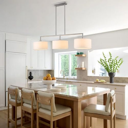 47" Linear Kitchen Island Lighting 3-Light Brushed Nickel Chandelier with White Fabric Drum Shade Adjustable Hanging Pendant Light for Dining Room Light Fixtures Over Table,Kitchen,Bar,Living Room,E26 - color: Brushed Nickel