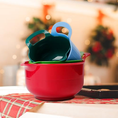 BoxedHome 4 Pack Nesting Mixing Bowl Christmas Set with Pour Spout and Handle, BPA free Microwave & Dishwasher Safe(Christmas colours, 4 Pack with Handle) - color: reddish green
