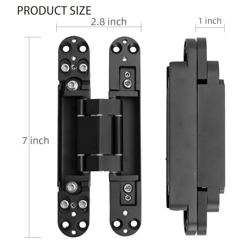 4-Pack 7 inch Black Hidden Door Hinges, Heavy Duty Zinc Alloy Concealed Hinges, Invisible 180 Degree Swing Hinge, 3 Way Adjustable Butt Hinge - color: Black, size: 7 Inch