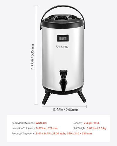 VEVOR Insulated Beverage Dispenser, 2.4 Gal/9.2L Stainless Steel Thermal Drink Server with Spigot & Temp Display, Suitable for Hot and Cold Drinks, for Tea Coffee Water in Cafes & Restaurants, Silver - size: 2.4 Gal (1 Pack)