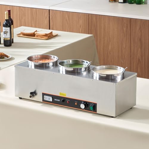 VEVOR Electric Soup Warmer, Three 6.34QT Stainless Steel Round Pot with 86~185°F Adjustable Temp, 1500W Commercial Bain Marie with Anti-Dry Burn and Reset Button, Soup Station for Restaurant, Buffet - size: 3×6L Pots