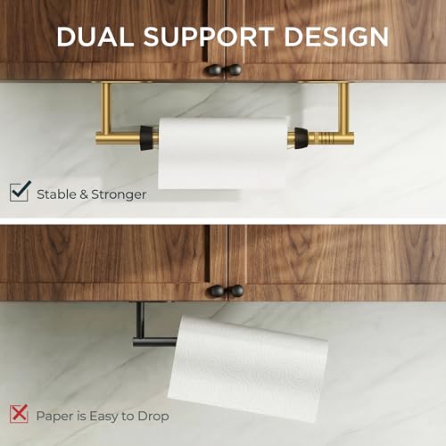 FORIOUS Paper Towel Holder Under Cabinet, One Hand Tear, Brushed Gold - color: Brushed Gold
