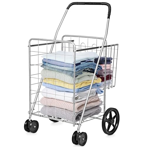 Folding Shopping Cart, Grocery Cart with Swiveling Wheels & Non-Slip Handle, Rolling Trolley with Double Storage Baskets, Utility Metal Carts for Shopping Laundry Luggage Groceries (Silver) - color: Silver