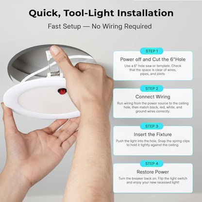 LED & Lighting Solutions 6" Dimmable Ultra Slim, Battery Powered recessed Lights, 12W 960 Lumens, CCT Selectable 2700K-6000K, 6 Inch Ceiling Light w/ 90 Min Battery Backup, ETL/IC/Damp Rated. - color: 5000K, size: 6"