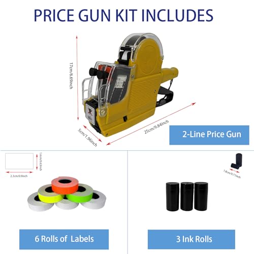 2 Line Price Gun, 2400 Color Labels 3 Ink Rolls Retail Store - color: Sunflower Yellow
