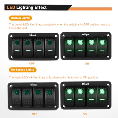 Nilight 4 Gang Rocker Switch Panel SPST On Off Toggle Laser Pattern Green - color: Green, size: 4 Gang