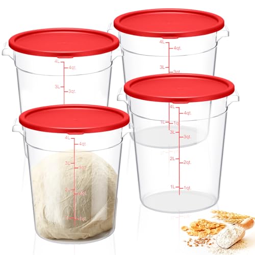 Suclain 4 Pcs 4 Qt Food Storage Container Bucket with Lids Clear Proofing Containers for Dough Rise Bread with Scale Handle Round Flour Commercial Storage Bucket for Home Restaurant Food(Red) - color: Red