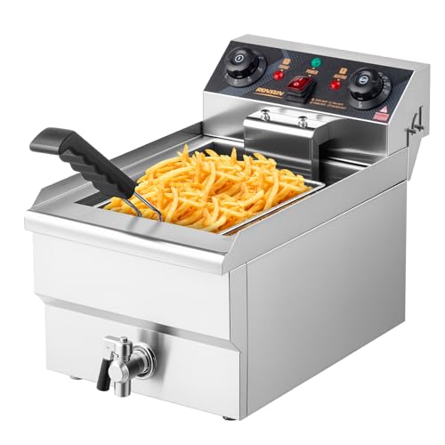 ROVSUN 12.5QT Electric Deep Fryer, 1700W Commercial Deep Fryer with Basket, Drain, 60-Min Timer, Overheat Protection, Temp Control & Baskets, Stainless Steel Countertop Fryer for Restaurant - size: Single Fryer with Timer & Drain-12.5QT