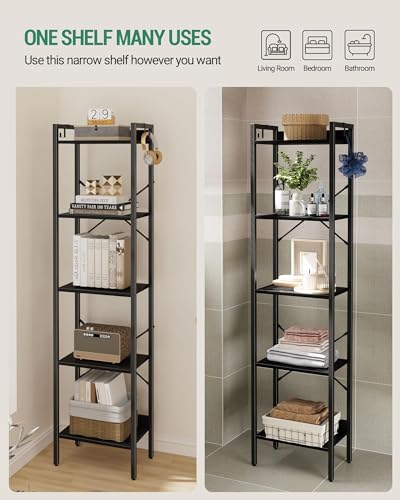 Hzuaneri Bookshelf, Book Shelf, Industrial Bookcase with 2 Hooks - color: Black, size: 9.4"D x 15.7"W x 63"H