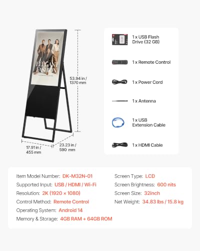VEVOR 32 in Indoor Digital Signage Floor Standing Advertising Display Kiosk, with WiFi HDMI/USB Input Android OS, 178° Wide View, LCD Screen Interactive Monitor, Commercial Totem Vertical Poster - size: 32"-Non Touchscreen