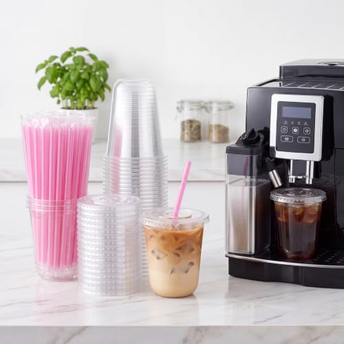 Ziliny 50 Pack 8 oz Plastic Cups with Lids Straws Iced Coffee, Pink - color: Pink, size: 8 oz