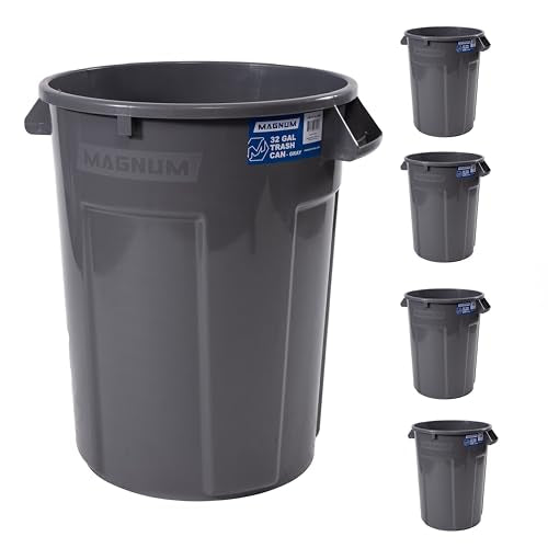 Magnum 32 Gallon Trash Can, Construction Grade, Heavy Duty Plastic, Jobsite Ready for Handling and Holding Garbage CMTC-C000-32G05 (5 Pack) - color: Gray, size: 32 Gallon, style: Can Only