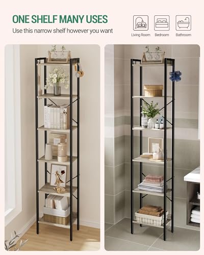 Hzuaneri Bookshelf, Book Shelf, Industrial Bookcase with 2 Hooks, - color: Greige, size: 9.4"D x 15.4"W x 72.8"H