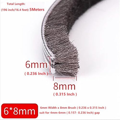 16 Ft (5m) 196 Inch Sliding sash Windows Doors Tape Pile Draught excluder Brush Seal Strip weatherstrip 6mm x 8mm (1/4 5/16 Inch, Gray) - size: 6mm * 8mm