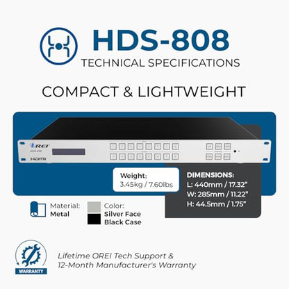 OREI 8x8 HDMI Matrix Switch – 4K@30Hz, EDID, RS-232, WebGUI, IR, HDCP 2.2 - size: 8X8 Matrix Switch