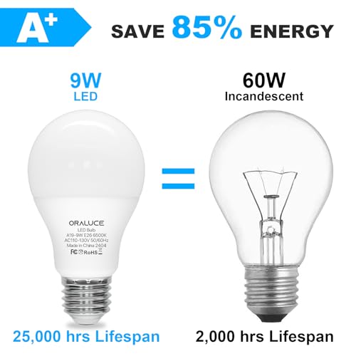 ORALUCE E26 LED Light Bulb 60 Watt, A19 9W 6500K Cool White, 12 Pack - color: Coolwhite, size: 12 Count (Pack of 1)