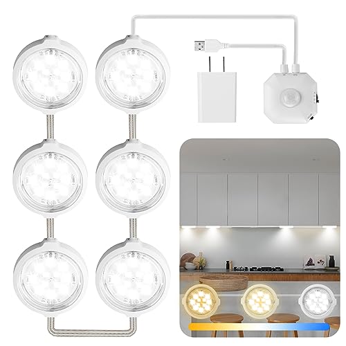 LED Under Cabinet Light Motion Sensor, 6-Pucks 3-Color Auto-Off Under Counter Light Warm White Natural Night LED Lights for Kitchen Bedroom, Home Office,Storage Room,Living Room with 5V Adapter - size: Motion-activated:6-Pucks