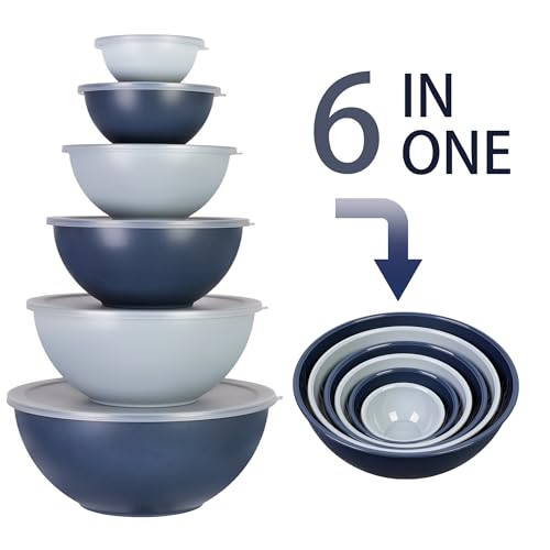 BoxedHome BPA Free Plastic Round Mixing Bowl with Lids, 12 Pack Nesting Bowls with Lids Set, Microwave and Dishwasher Safe Prep & Serving Bowls Great for Mixing, Baking, Serving (Haze Blue, 12pcs) - color: Haze Blue