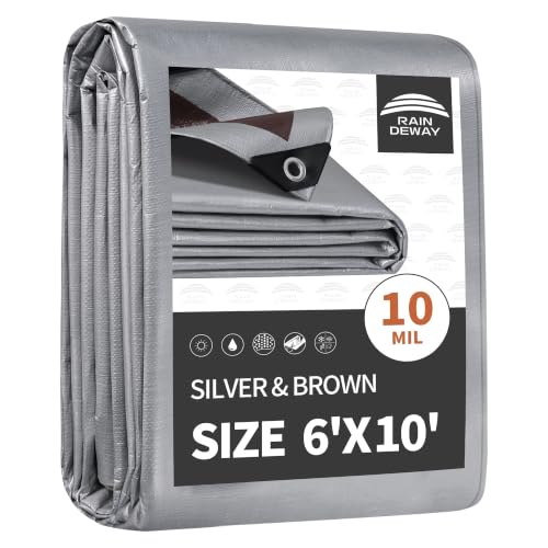 RAINDEWAY 6x10 Feet Tarps Heavy Duty Waterproof,10Mil Multipurpose Tarp - color: Silver/Brown, size: 6x10 Feet-Finished size