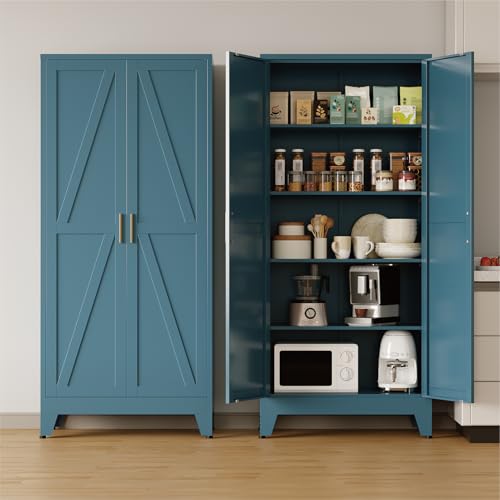 COFaR 71'' Tall Metal Storage Cabinet, Farmhouse Kitchen Pantry Cabinet with Doors and 4 Adjustable Shelves, Metal Pantry Storage Cabinets for Kitchen, Laundry, Peacock Blue 5-Tier - color: Peacock Blue, size: 15.75''D × 31.5''W × 70.87''H-S01