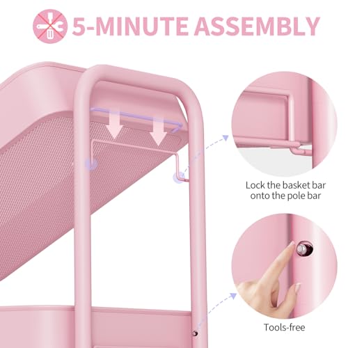 TOOLF 4 Tier Metal Rolling Cart, Utility Storage Cart with Wheels, Pink - color: Pink, size: 4-Tier