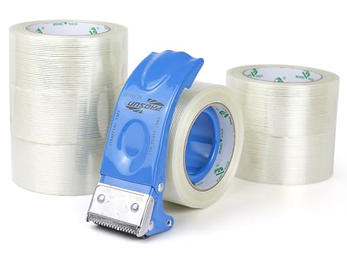 BOMEI PACK Strapping Tape 2Inch, Fiberglass Reinforced Heavy Duty Packing Tape with Dispenser with String for Moving and Shipping, 6Rolls x 5.5Mil x 35Yds, Total 210Yds