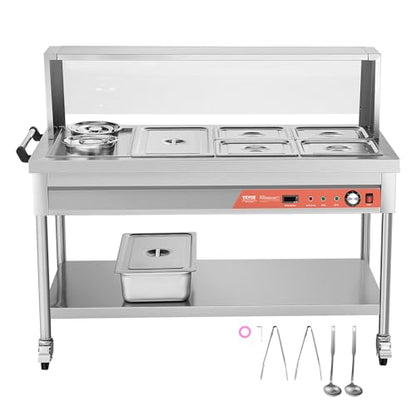 VEVOR Commercial Food Warmer, 5 Pans + 2 Pots Electric Steam Table, 1800W Professional Buffet Catering Food Warmer with Shield Undershelf Wheels, Stainless Steel Server for Party Restaurant Hotel - size: 5 Pans + 2 Pots