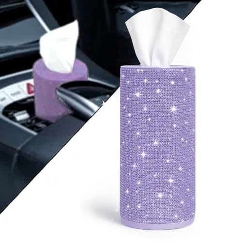 Bling Car Tissue Holder for Cup Holder – Sparkly Rhinestone Round Tissue Dispenser with 1 Pack Tissues – Fits Standard Auto Cup Holders – Stylish Car Interior Accessory for Women (Purple) - color: Purple